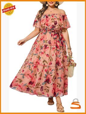 Off Shoulder Floral Maxi Dress Plus Size Summer Beach Boho Chiffon Sundress